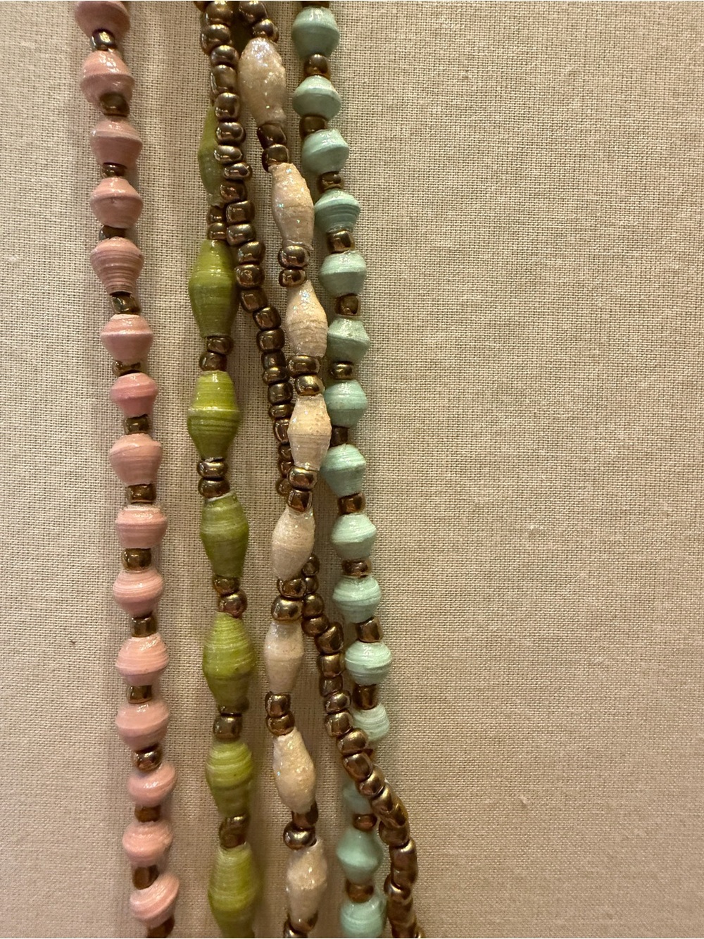 Paper Bead Multi Strand Necklace Blue,Pink, Green,WhiteSparkle Antique Gold Bead - Picture 2 of 6